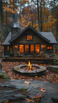 Log Cabin Surrounded by Forest with Outdoor Fire Pit, rustic retreat in nature.