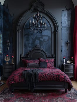 Modern Gothic bedroom with dark colors and dramatic decor.