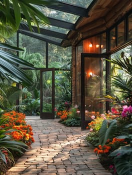 Tropical conservatory with exotic plants and a glass roof.