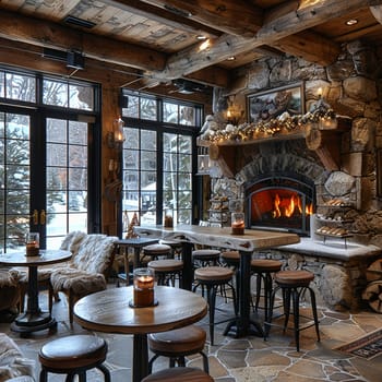 Cozy ski lodge cafe with warm fireplaces, wooden beams, and hot cocoa bar.