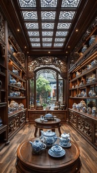 Traditional Chinese tea room with ornate wooden carvings and delicate porcelain teapots