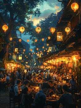 Night market excitement rendered in a lively, cartoon-style with exaggerated expressions and fun details.
