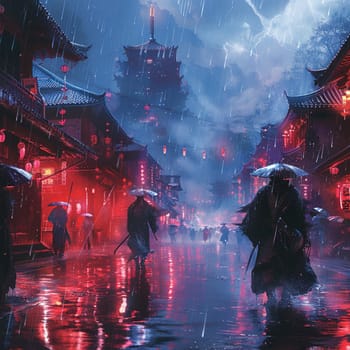 A duel of fates on a rain-slicked boulevard, neon and thunder a backdrop to the dance of blades.