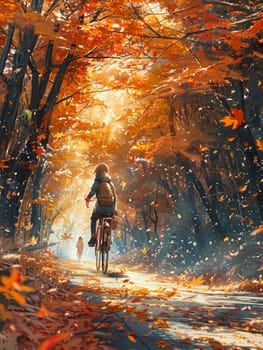 Bicycle ride through falling leaves captured in an anime-style, emphasizing motion and playful scenery.