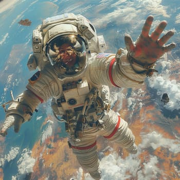 Astronaut's hand reaching for a floating satellite, rendered in a realistic style with attention to detail.