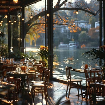 Riverside Bistro Offering Scenic Views for Client Meetings, The gentle blur of a waterside eatery provides a picturesque setting for business discussions.