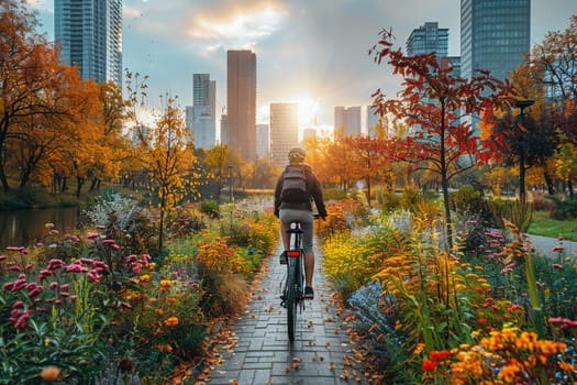 City Cycling Paths Wheel in Eco-Friendly Transport in Business of Biking, Bike lanes and cityscapes outline the route of sustainability in urban business travel.