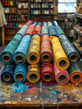 Art Supply Store Paints Creative Possibilities in Business of Artistic Expression, Canvas rolls and color swatches paint a story of creative possibilities and artistic expression in the art supply store business.