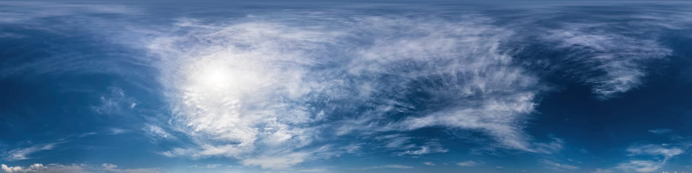 Sky panorama with Cirrus clouds in Seamless spherical equirectangular format. Full zenith for use in 3D graphics, game and editing aerial drone 360 degree panoramas for sky replacement