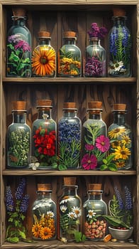 Herbalist's Shop Bottles Botanical Remedies in Business of Natural Healing, Apothecary jars and plant illustrations bottle a story of botanical remedies and wellness in the herbalist's shop business.