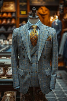 Tailored Suit Fittings Measure Elegance in Business of Custom Apparel, Tape measures and suits tailor a narrative of sophistication in the fashion business.