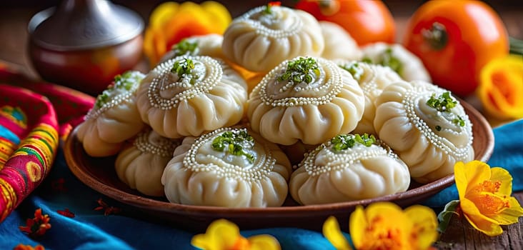 Khinkali, Georgian dumplings, rest on wooden plate, garnished with fresh herbs. Captured indoors under natural light, highlighting intricate pleats, fillings.