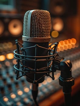 Professional Podcaster Discusses Business Trends in Modern Studio, Microphones and soundproofing frame the storyteller sharing insights with a worldwide audience.