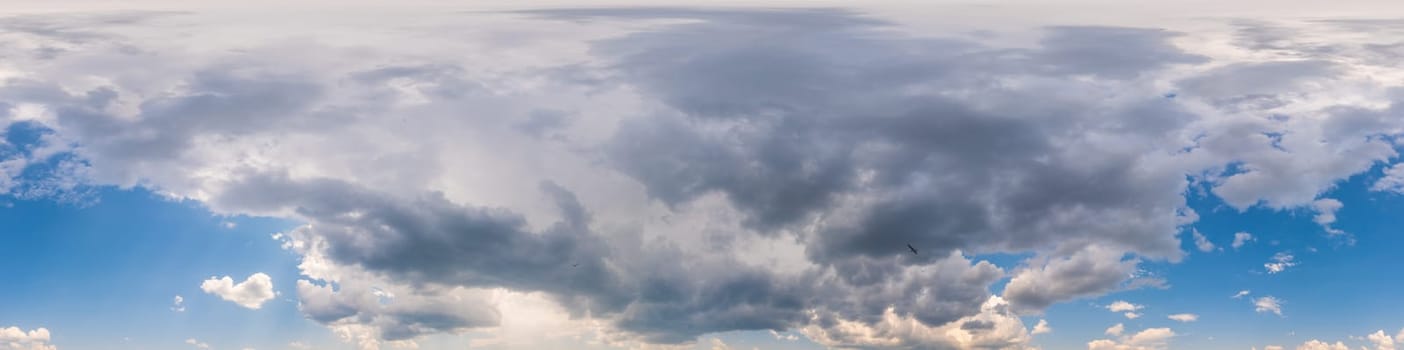 Sky panorama with Cirrus clouds in Seamless spherical equirectangular format. Full zenith for use in 3D graphics, game and editing aerial drone 360 degree panoramas for sky replacement