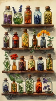 Herbalist's Shop Bottles Botanical Remedies in Business of Natural Healing, Apothecary jars and plant illustrations bottle a story of botanical remedies and wellness in the herbalist's shop business.