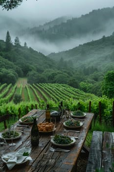 Rustic Winery Offering Corporate Retreats and Tastings, A hazy vineyard background invites business professionals to taste and unwind.