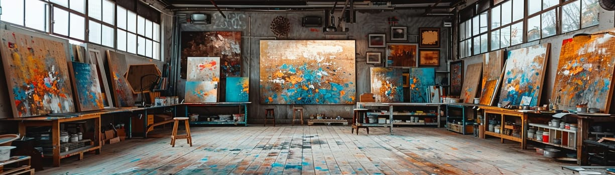 Modern Art Studio Teeming with Creativity and Commerce, The swirl of artists and canvases blurs into a hub of creative business and art sales.