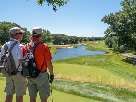 Business Professionals Enjoy Scenic Views During Corporate Golf Outing, Colleagues bond and network against the backdrop of a lush golf course.