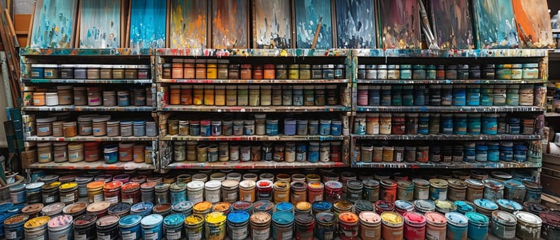 Art Supply Shelves Color Creativity in Business of Artistic Expression, Brushes and palettes paint a vibrant story of imagination and creation in the art business.