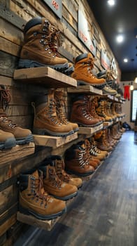 Outdoor Gear Store Equips Adventurous Spirits in Business of Exploration Retail, Hiking boots and gear displays equip a story of adventurous spirits and exploration retail in the outdoor gear store business.