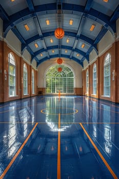 Gymnasium Courts Bounce with Activity in Business of Athletic Training, Basketballs and hoops draw an arc of competition and fitness in the sports business.