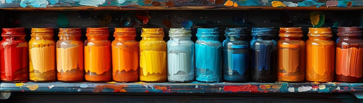 Art Supply Shelves Color Creativity in Business of Artistic Expression, Brushes and palettes paint a vibrant story of imagination and creation in the art business.