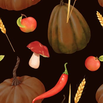 Seamless pattern of Pumpkins, apples, mushroom, chili and spikelets. Watercolor illustration. Autumn harvest. Delicious ripe vegetable. Vegetarian raw food. For posters, websites, notebooks, textbooks