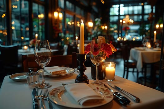 Candlelit Fine Dining Experience for Discerning Business Clients, The romantic blur of an upscale restaurant prepares to host discerning business dinners.