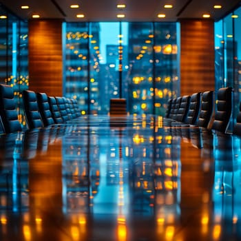 Sophisticated Boardroom Awaits Major Corporate Decisions, A blurred backdrop of a sleek boardroom sets the stage for high-stakes business strategy.