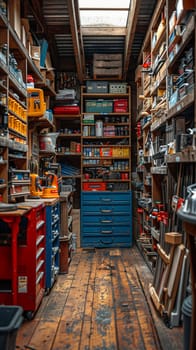 Hardware Store Aisles Offer Tools for Home Business Improvements, Shelves lined with tools and gadgets set the scene for home projects and business ventures.