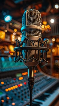 Recording Studio Microphone Captures Melody in Business of Music Production, Pop filters and cables weave a harmonious tale of sound and talent in the music business.