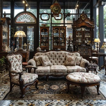 Curated Antique Gallery Recounts Historical Tales in Business of Collectible Treasures and Vintage Finds, Curio cabinets and antique lamps recount historical tales and collectible treasures in the curated antique gallery business.