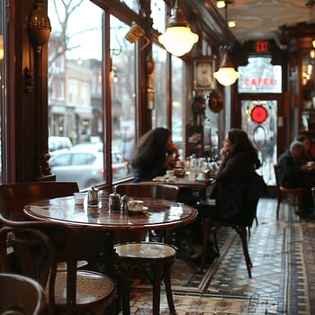 Cafe Bistro Tables Host Informal Business Discussions and Lunches, Cups of coffee and plates of food accompany light-hearted business dealings and partnerships.