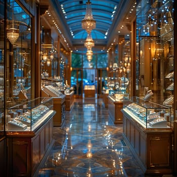 Elegant Jewelry Store Glimmering with High-End Business Luxury, The soft blur of precious gems and fine jewelry sets the scene for upscale business transactions.