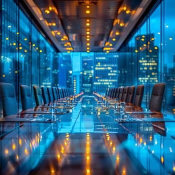 Sophisticated Boardroom Awaits Major Corporate Decisions, A blurred backdrop of a sleek boardroom sets the stage for high-stakes business strategy.