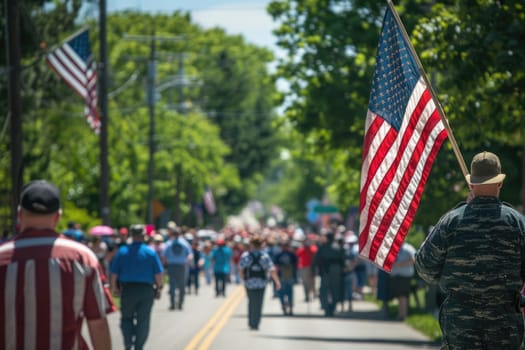 memorial day parade, back view of unrecognizable people. ai generated