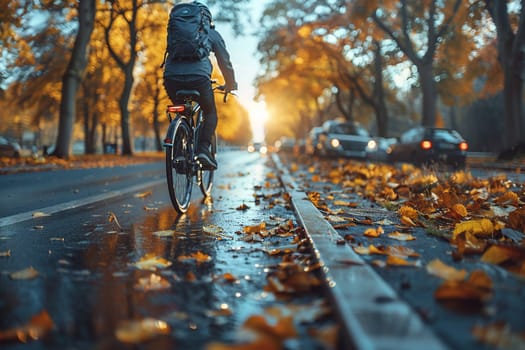 City Cycling Paths Wheel in Eco-Friendly Transport in Business of Biking, Bike lanes and cityscapes outline the route of sustainability in urban business travel.