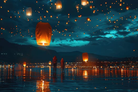 people lighting flying lanterns in night sky. ai generated