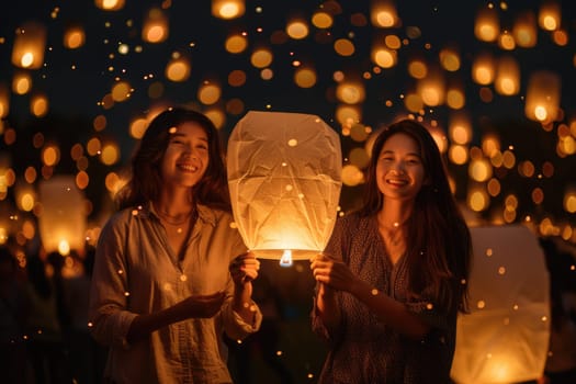 people lighting flying lanterns in night sky. ai generated