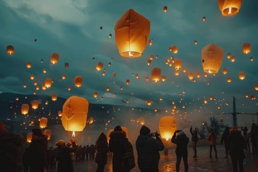 people lighting flying lanterns in night sky. ai generated