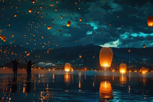 people lighting flying lanterns in night sky. ai generated