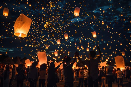 people lighting flying lanterns in night sky. ai generated