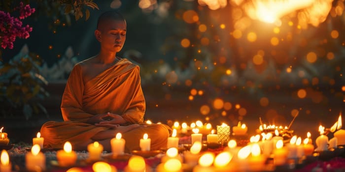 Vesak holiday. people praying in buddish holiday Vesak, outdoors lit with candles. ai generated