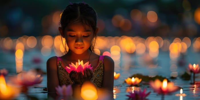 Vesak holiday. woman praying in buddish holiday Vesak, outdoors lit with candles. ai generated