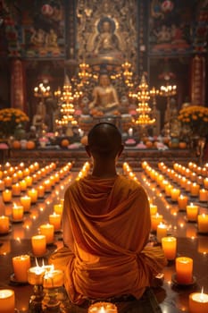 Vesak holiday. people praying in buddish holiday Vesak, outdoors lit with candles. ai generated