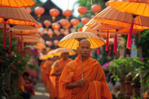 Vesak holiday. buddish monks in orange robes and umbrellas in Vesak holiday outdoors . ai generated