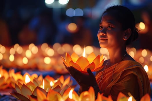 Vesak holiday. woman praying in buddish holiday Vesak, outdoors lit with candles. ai generated