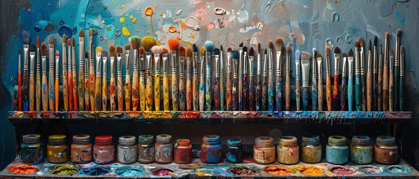 Art Supply Shelves Color Creativity in Business of Artistic Expression, Brushes and palettes paint a vibrant story of imagination and creation in the art business.
