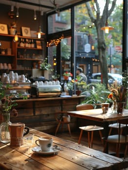 Busy Urban Coffee Shop Serving as an Informal Meeting Place, The comfortable blur of a coffee shop offers a relaxed backdrop for casual business discussions.