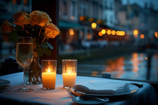 Candlelit Fine Dining Experience for Discerning Business Clients, The romantic blur of an upscale restaurant prepares to host discerning business dinners.